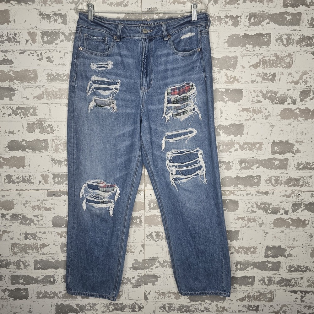 American Eagle Jeans Womens 14 Regular Mom Straight Leg Distressed Plaid Patches